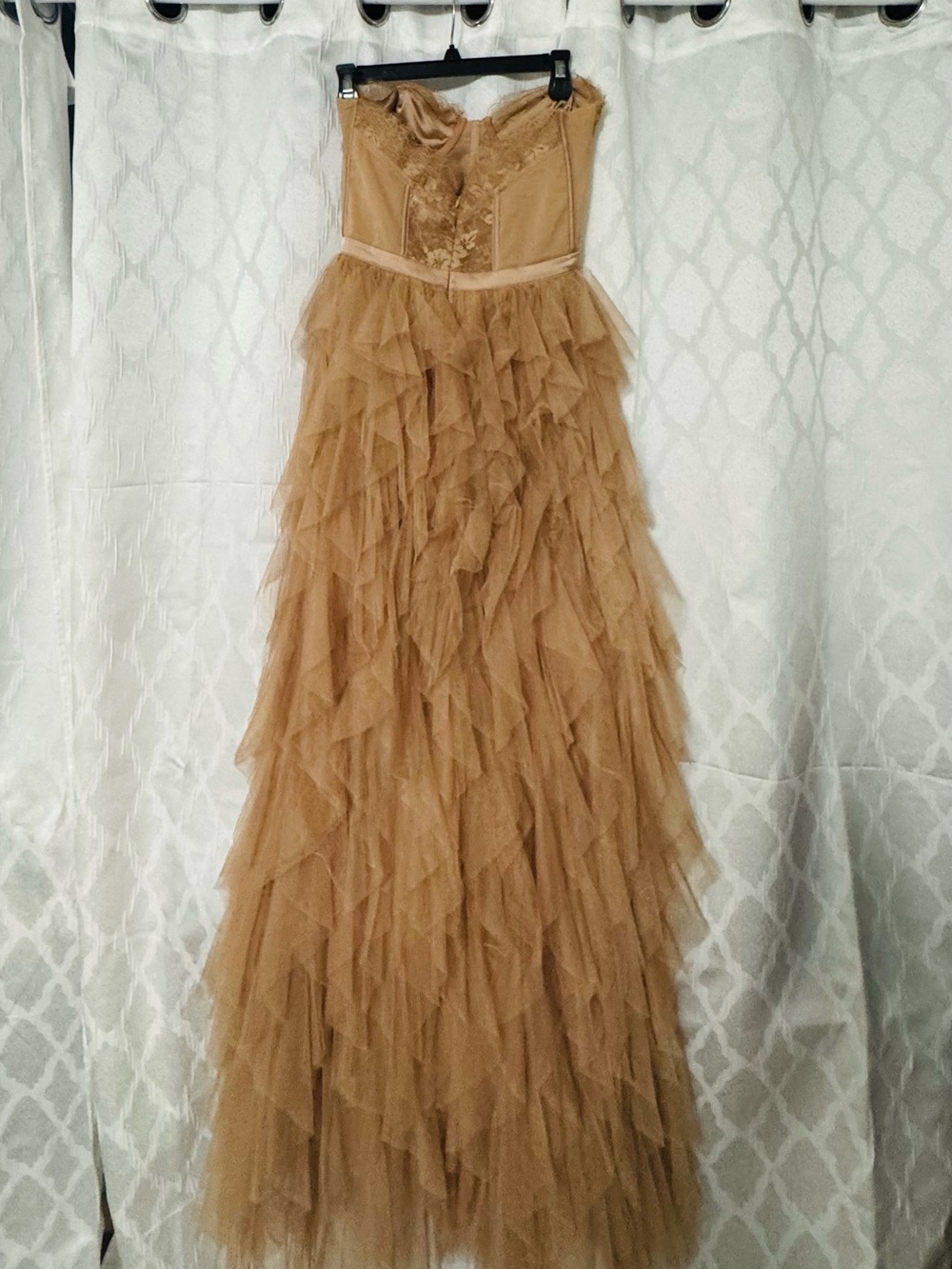 REVOLVE For The Love Of Lemons Nude Strapless Lace Bustier Tiered Tulle Gown - Picture 4 of 10